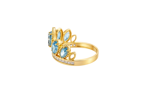 14KT Gold Ring Women's "15" Quinceanera Crown Turquoise CZ Stones with White Square CZ Stones Band Plain Shank