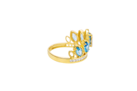 14KT Gold Ring Women's "15" Quinceanera Crown Turquoise CZ Stones with White Square CZ Stones Band Plain Shank