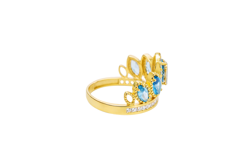 14KT Gold Ring Women's "15" Quinceanera Crown Turquoise CZ Stones with White Square CZ Stones Band Plain Shank
