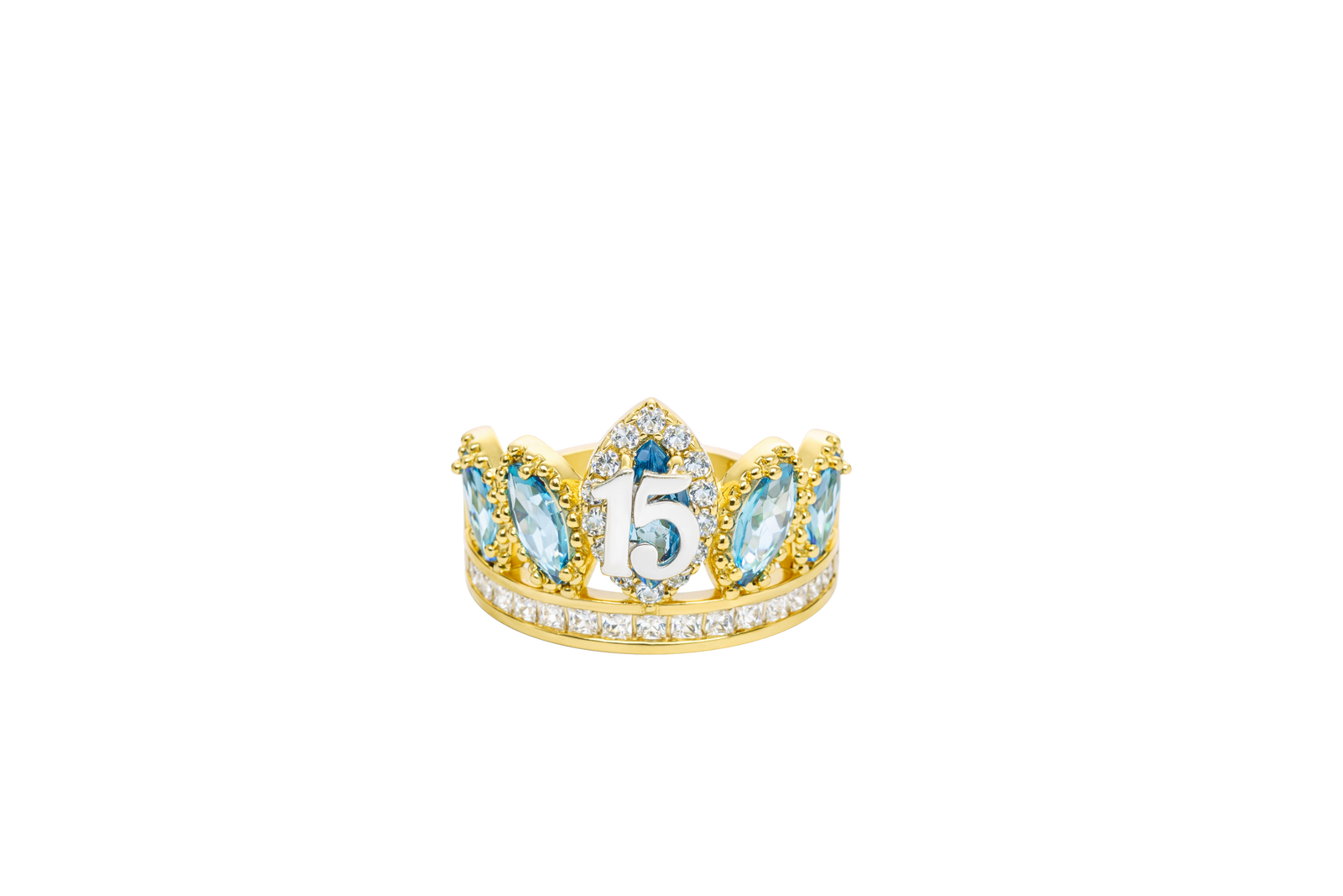 14KT Gold Ring Women's "15" Quinceanera Crown Turquoise CZ Stones with White Square CZ Stones Band Plain Shank