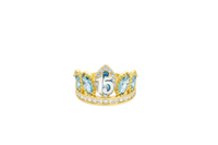 14KT Gold Ring Women's "15" Quinceanera Crown Turquoise CZ Stones with White Square CZ Stones Band Plain Shank