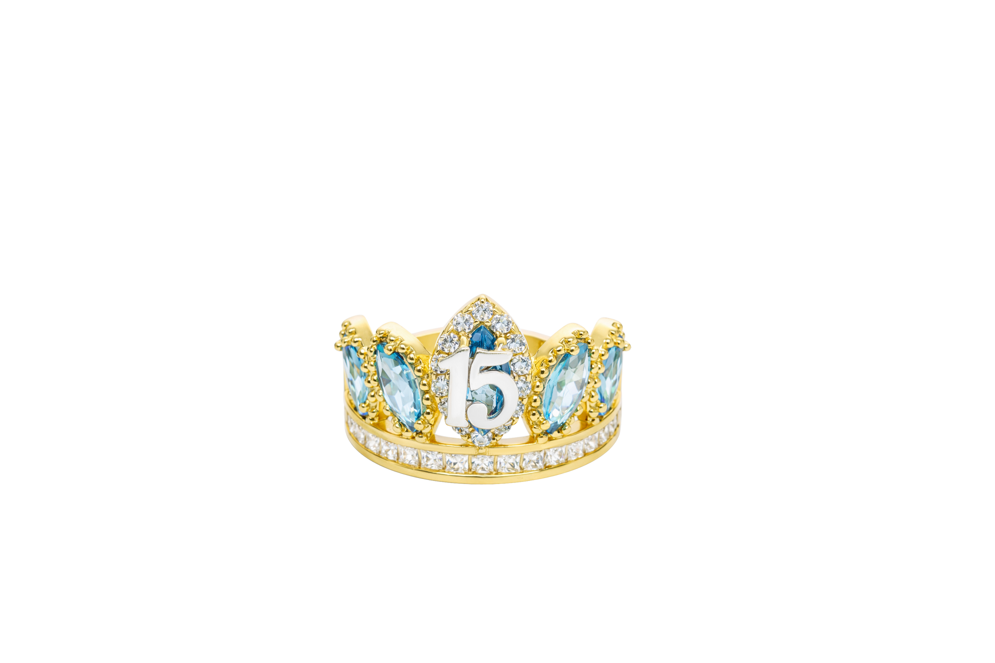 14KT Gold Ring Women's "15" Quinceanera Crown Turquoise CZ Stones with White Square CZ Stones Band Plain Shank