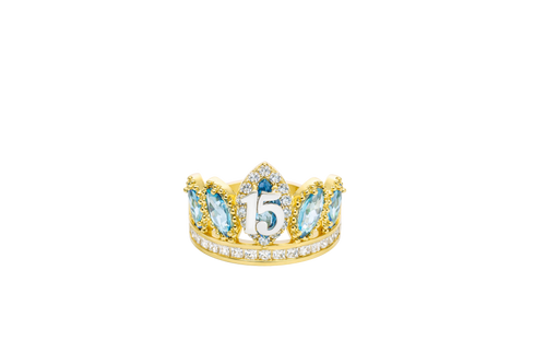 14KT Gold Ring Women's "15" Quinceanera Crown Turquoise CZ Stones with White Square CZ Stones Band Plain Shank