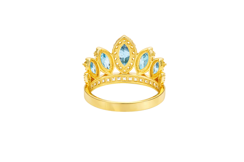 14KT Gold Ring Women's "15" Quinceanera Crown Turquoise CZ Stones with White Square CZ Stones Band Plain Shank