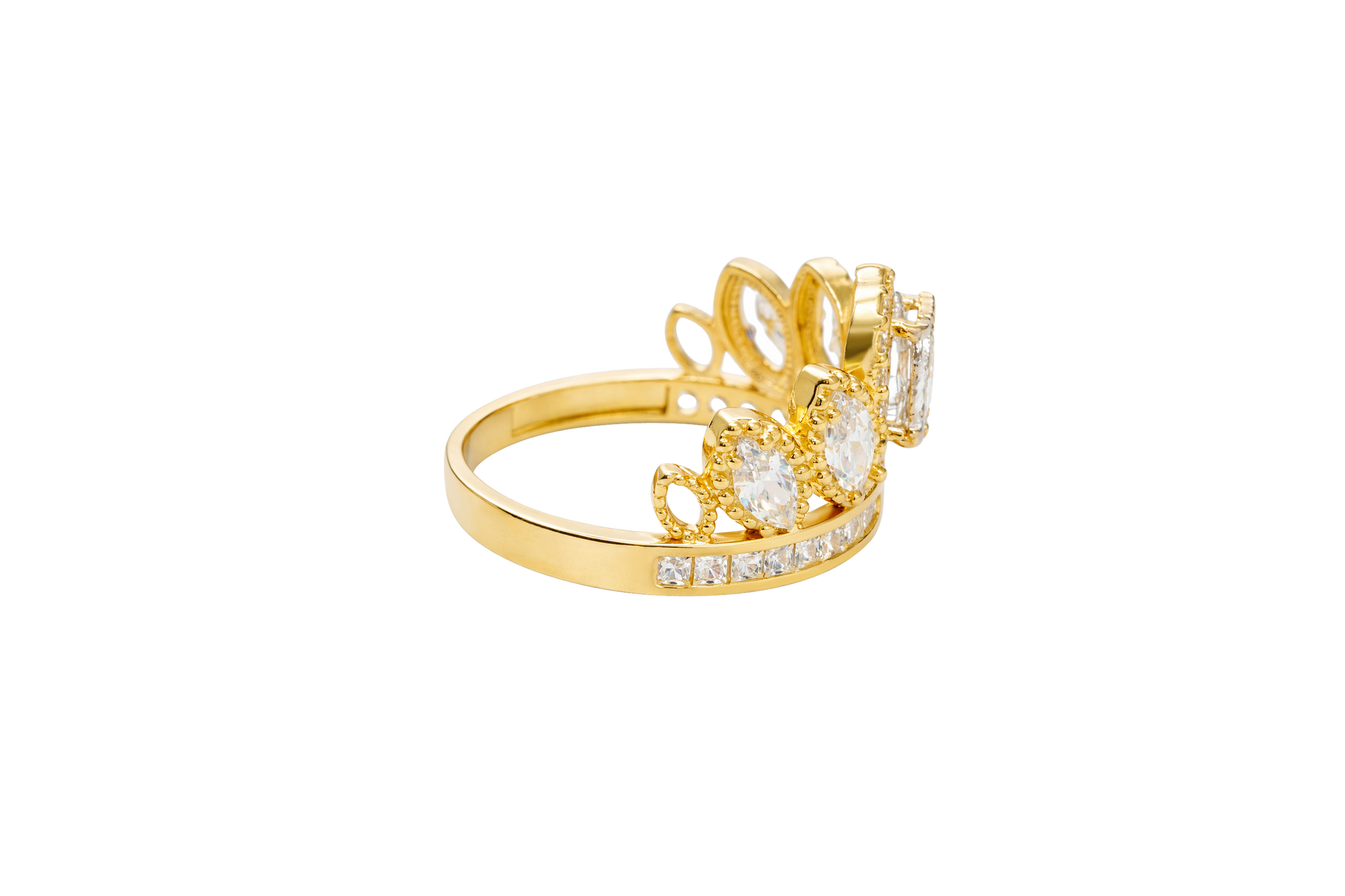 14KT Gold Ring Women's "15" Quinceanera Crown White CZ Stones with White Square CZ Stones Band Plain Shank