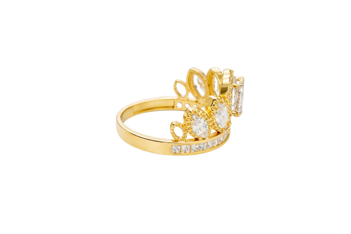 14KT Gold Ring Women's "15" Quinceanera Crown White CZ Stones with White Square CZ Stones Band Plain Shank