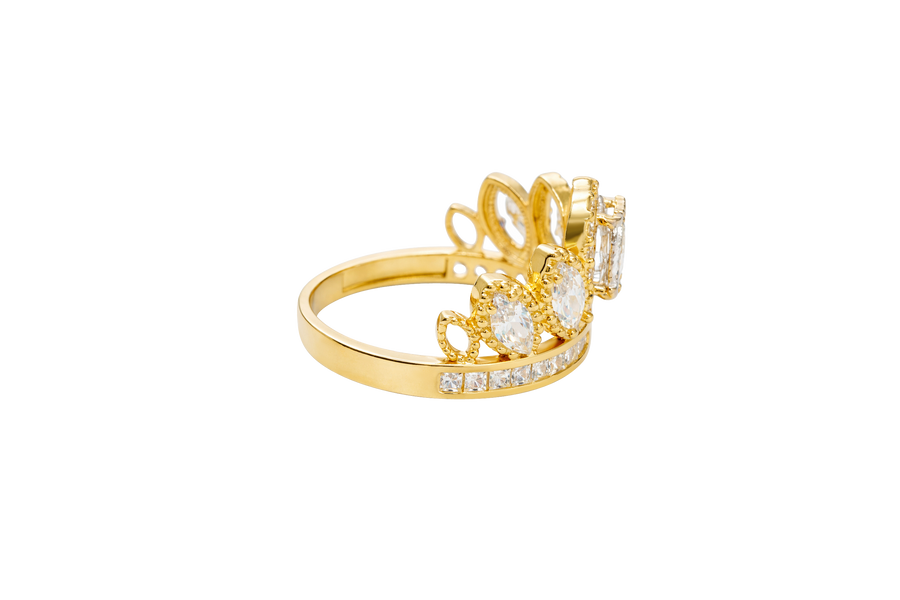 14KT Gold Ring Women's "15" Quinceanera Crown White CZ Stones with White Square CZ Stones Band Plain Shank