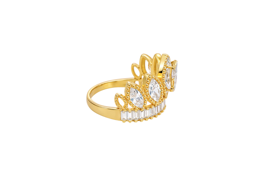 14KT Gold Ring Women's "15" Quinceanera Crown White CZ Stones with White Baguette CZ Stones Band Plain Shank