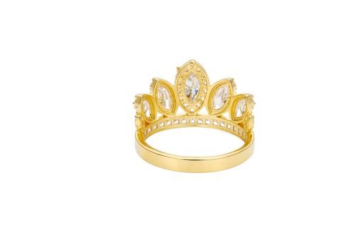 14KT Gold Ring Women's "15" Quinceanera Crown White CZ Stones with White Baguette CZ Stones Band Plain Shank