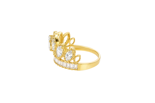 14KT Gold Ring Women's "15" Quinceanera Crown White CZ Stones with White Baguette CZ Stones Band Plain Shank