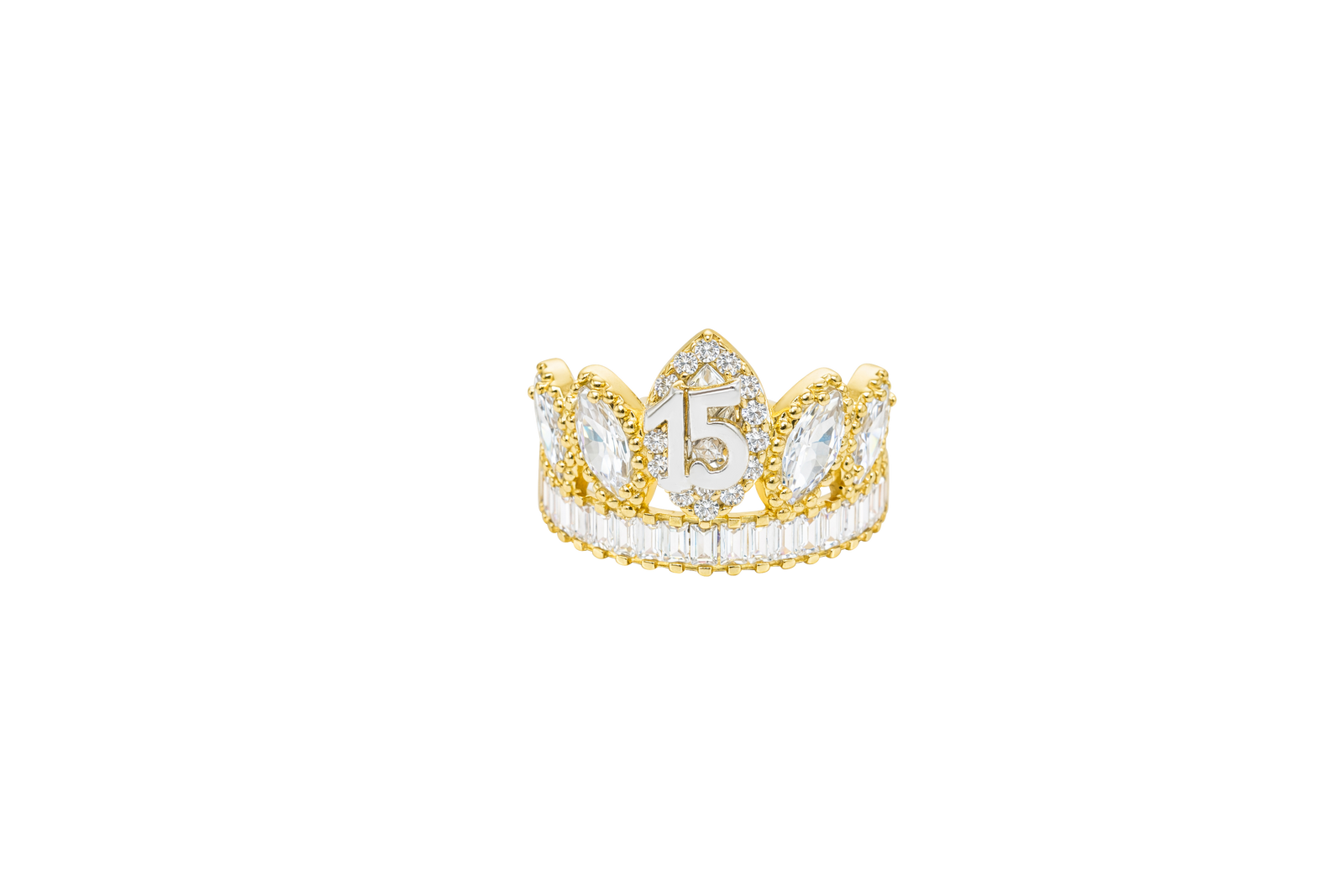 14KT Gold Ring Women's "15" Quinceanera Crown White CZ Stones with White Baguette CZ Stones Band Plain Shank
