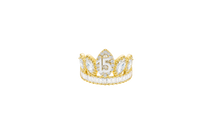 14KT Gold Ring Women's "15" Quinceanera Crown White CZ Stones with White Baguette CZ Stones Band Plain Shank