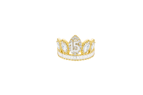 14KT Gold Ring Women's "15" Quinceanera Crown White CZ Stones with White Baguette CZ Stones Band Plain Shank