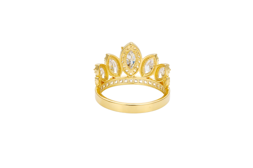 14KT Gold Ring Women's "15" Quinceanera Crown White CZ Stones with White Square CZ Stones Band Plain Shank