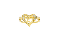 14KT Gold Ring Women's Heart "15" Quinceanera with Round White CZ Stones Border Plain Split Band