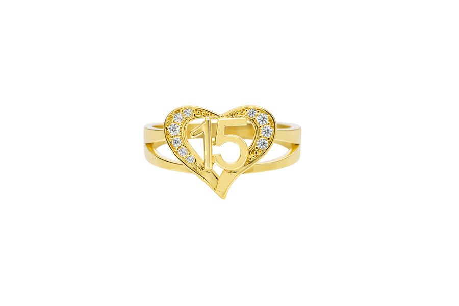 14KT Gold Ring Women's Heart "15" Quinceanera with Round White CZ Stones Border Plain Split Band