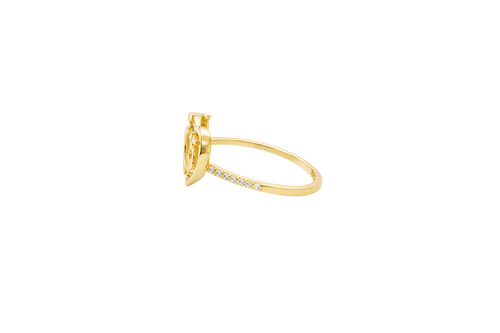 14KT Gold Ring Women's "15" Quinceanera Dolphin Centered in Plain Heart Shape and One Round White CZ Stone with White CZ Stones Band