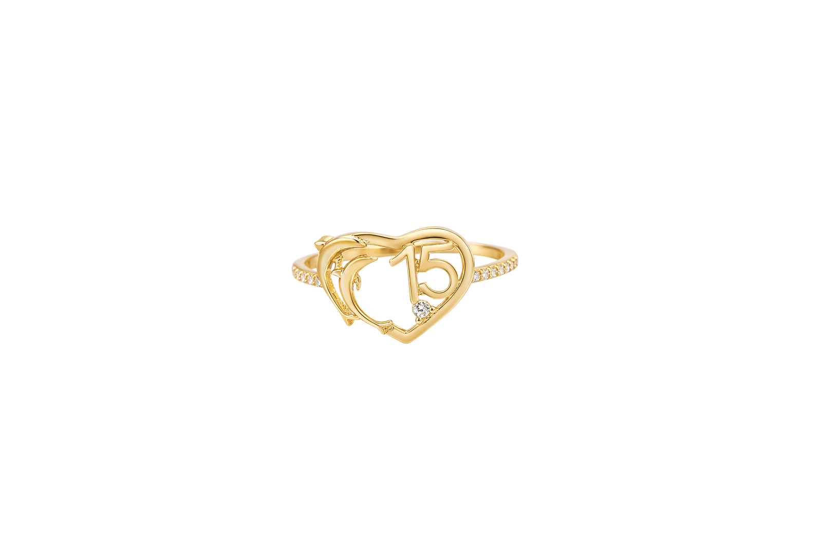 14KT Gold Ring Women's "15" Quinceanera Dolphin Centered in Plain Heart Shape and One Round White CZ Stone with White CZ Stones Band