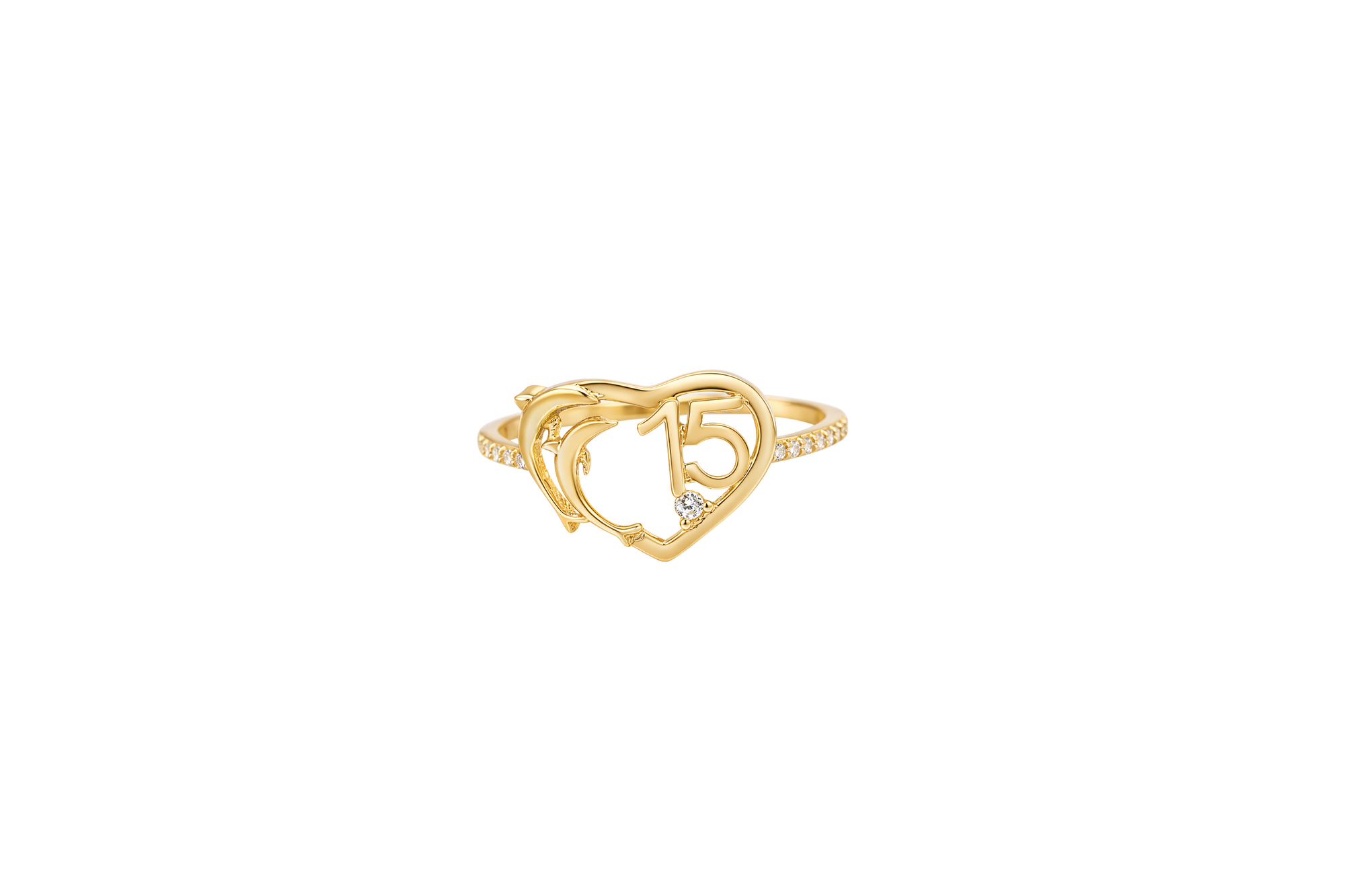 14KT Gold Ring Women's "15" Quinceanera Dolphin Centered in Plain Heart Shape and One Round White CZ Stone with White CZ Stones Band