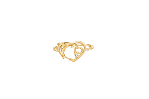 14KT Gold Ring Women's "15" Quinceanera Dolphin Centered in Plain Heart Shape and One Round White CZ Stone with White CZ Stones Band