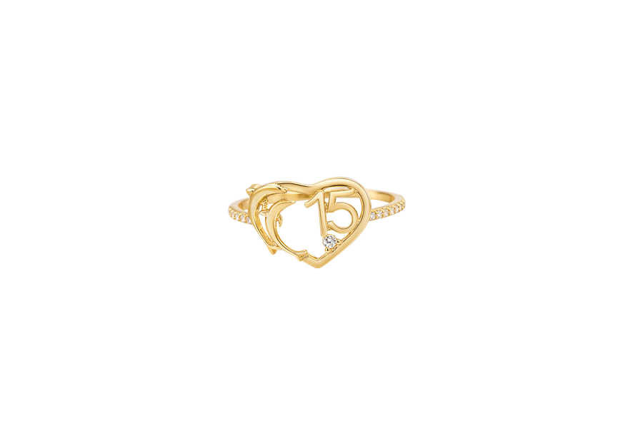 14KT Gold Ring Women's "15" Quinceanera Dolphin Centered in Plain Heart Shape and One Round White CZ Stone with White CZ Stones Band