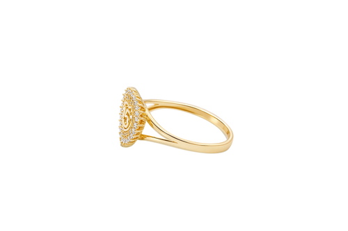 14KT Gold Ring Women's "15" Quinceanera Heart Center Double Row of Round White CZ Stones Border and Plain Shank