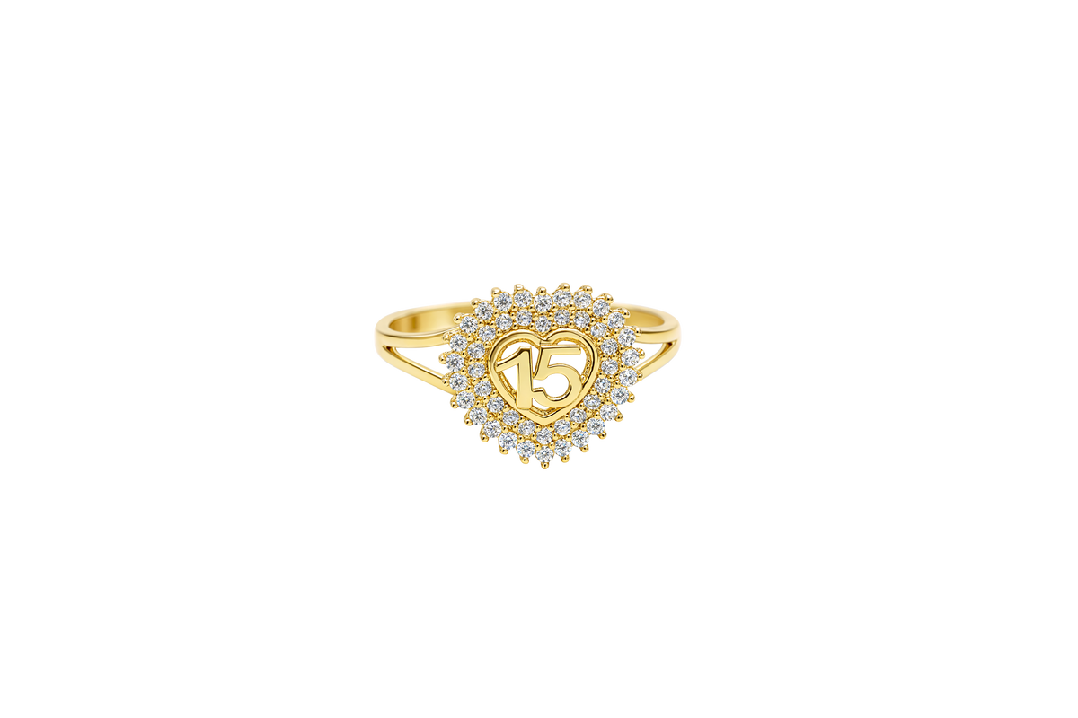 14KT Gold Ring Women's "15" Quinceanera Heart Center Double Row of Round White CZ Stones Border and Plain Shank