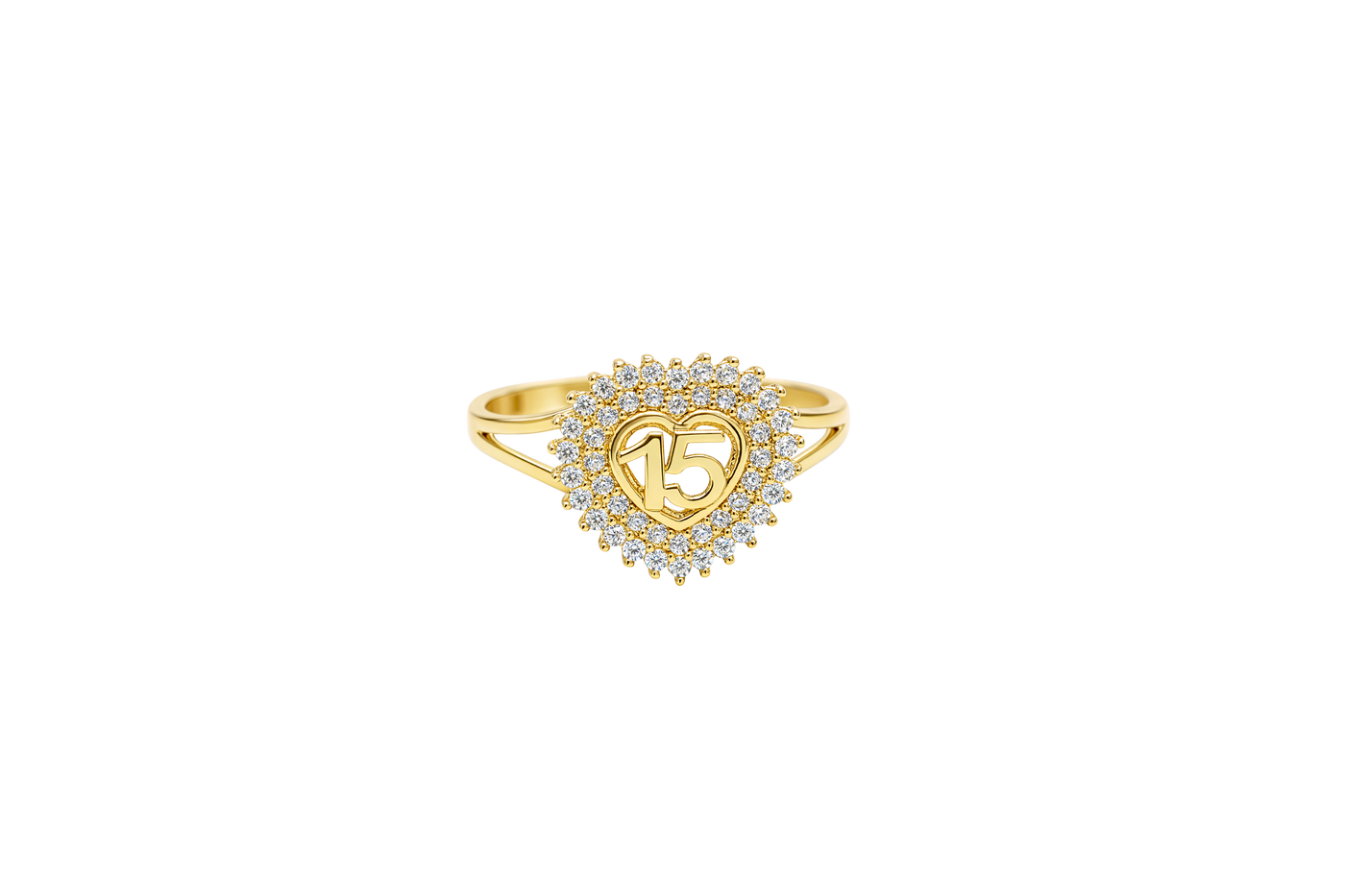 14KT Gold Ring Women's "15" Quinceanera Heart Center Double Row of Round White CZ Stones Border and Plain Shank