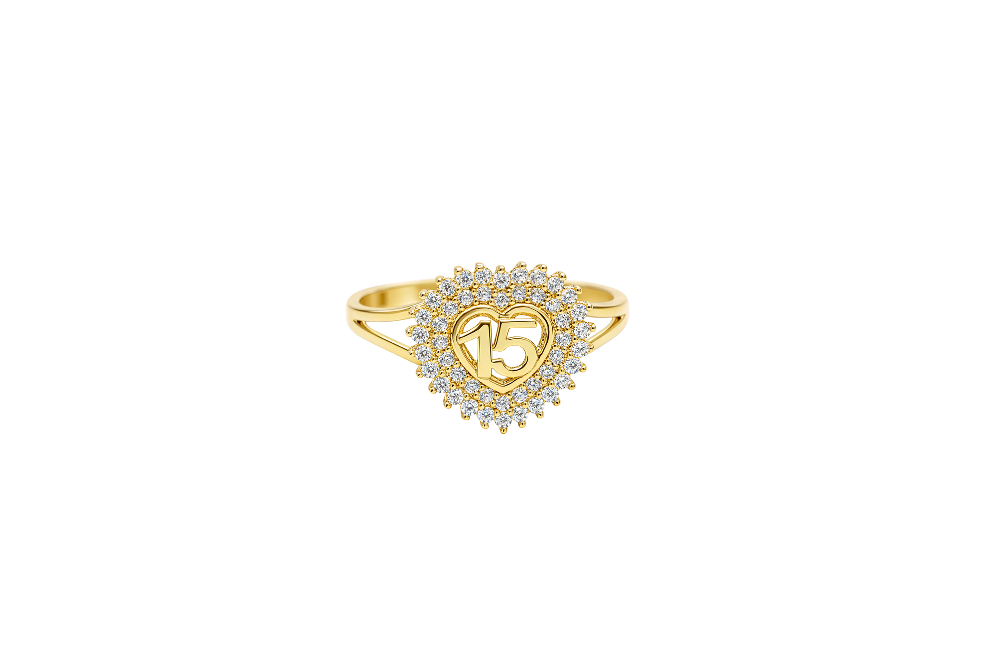 14KT Gold Ring Women's "15" Quinceanera Heart Center Double Row of Round White CZ Stones Border and Plain Shank