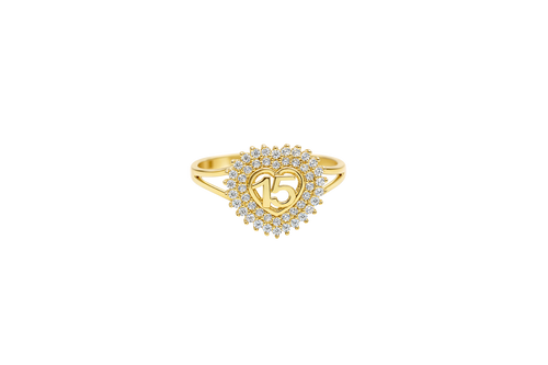 14KT Gold Ring Women's "15" Quinceanera Heart Center Double Row of Round White CZ Stones Border and Plain Shank