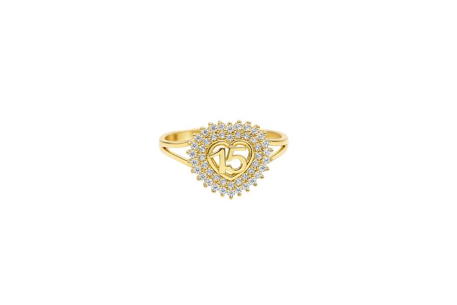 14KT Gold Ring Women's "15" Quinceanera Heart Center Double Row of Round White CZ Stones Border and Plain Shank