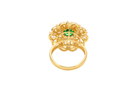 14KT Gold Ring Women's Flower Dark Green Round Center CZ Stone White Pear/Marquise Petals with Round White CZ Stones Border and Plain Split Band
