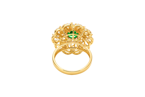 14KT Gold Ring Women's Flower Dark Green Round Center CZ Stone White Pear/Marquise Petals with Round White CZ Stones Border and Plain Split Band