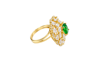 14KT Gold Ring Women's Flower Dark Green Round Center CZ Stone White Pear/Marquise Petals with Round White CZ Stones Border and Plain Split Band