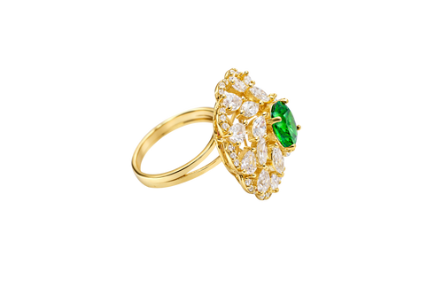 14KT Gold Ring Women's Flower Dark Green Round Center CZ Stone White Pear/Marquise Petals with Round White CZ Stones Border and Plain Split Band