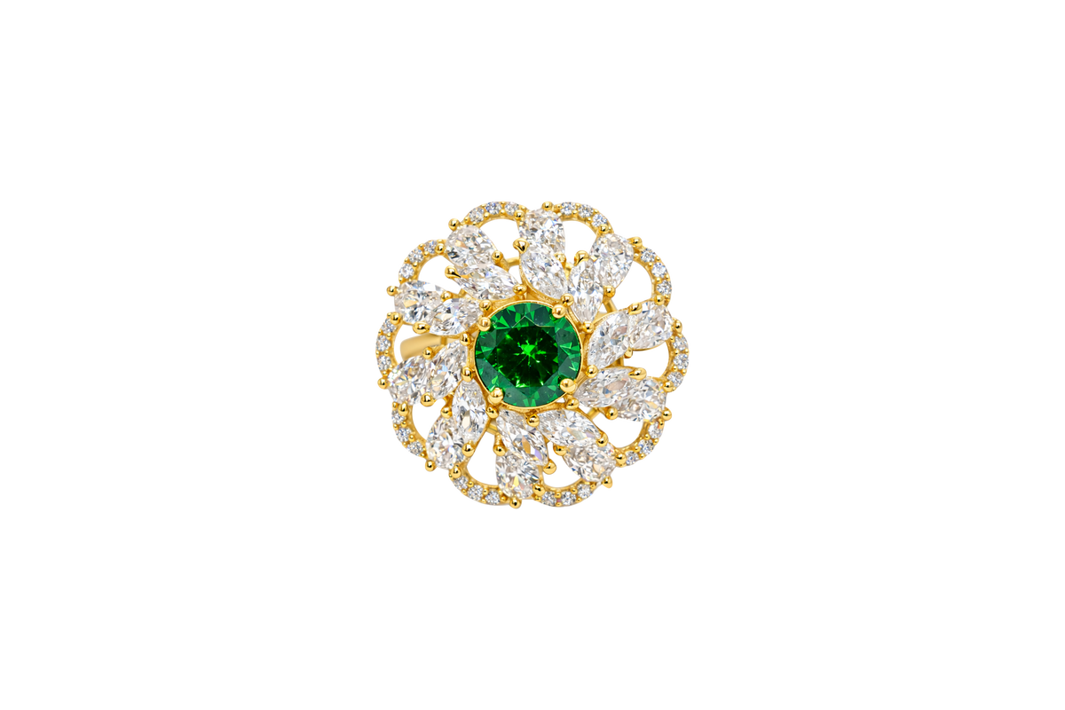 14KT Gold Ring Women's Flower Dark Green Round Center CZ Stone White Pear/Marquise Petals with Round White CZ Stones Border and Plain Split Band