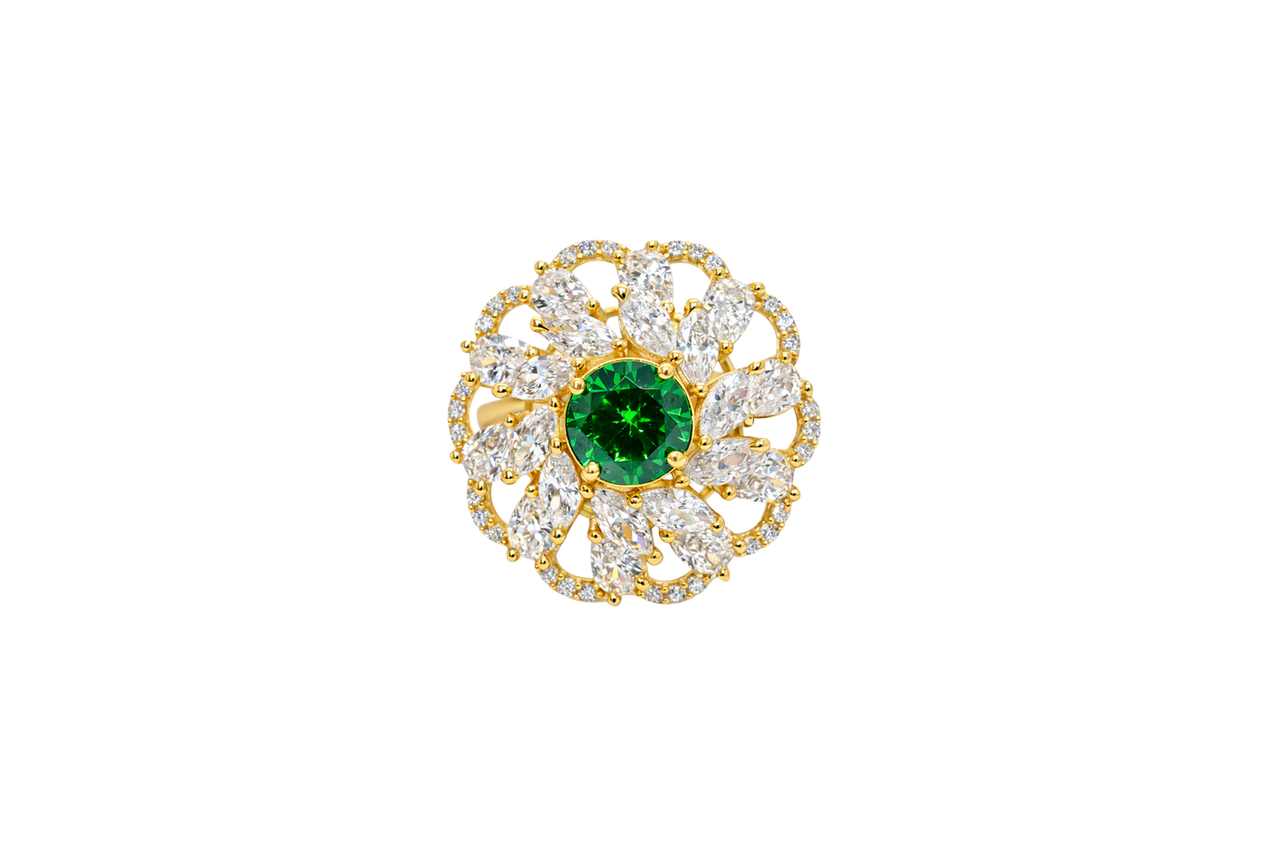 14KT Gold Ring Women's Flower Dark Green Round Center CZ Stone White Pear/Marquise Petals with Round White CZ Stones Border and Plain Split Band