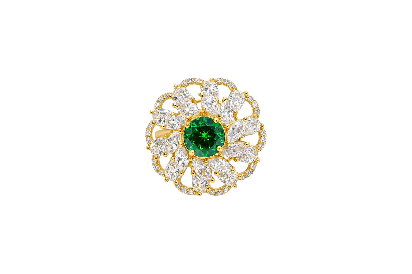 14KT Gold Ring Women's Flower Dark Green Round Center CZ Stone White Pear/Marquise Petals with Round White CZ Stones Border and Plain Split Band