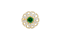 14KT Gold Ring Women's Flower Dark Green Round Center CZ Stone White Pear/Marquise Petals with Round White CZ Stones Border and Plain Split Band
