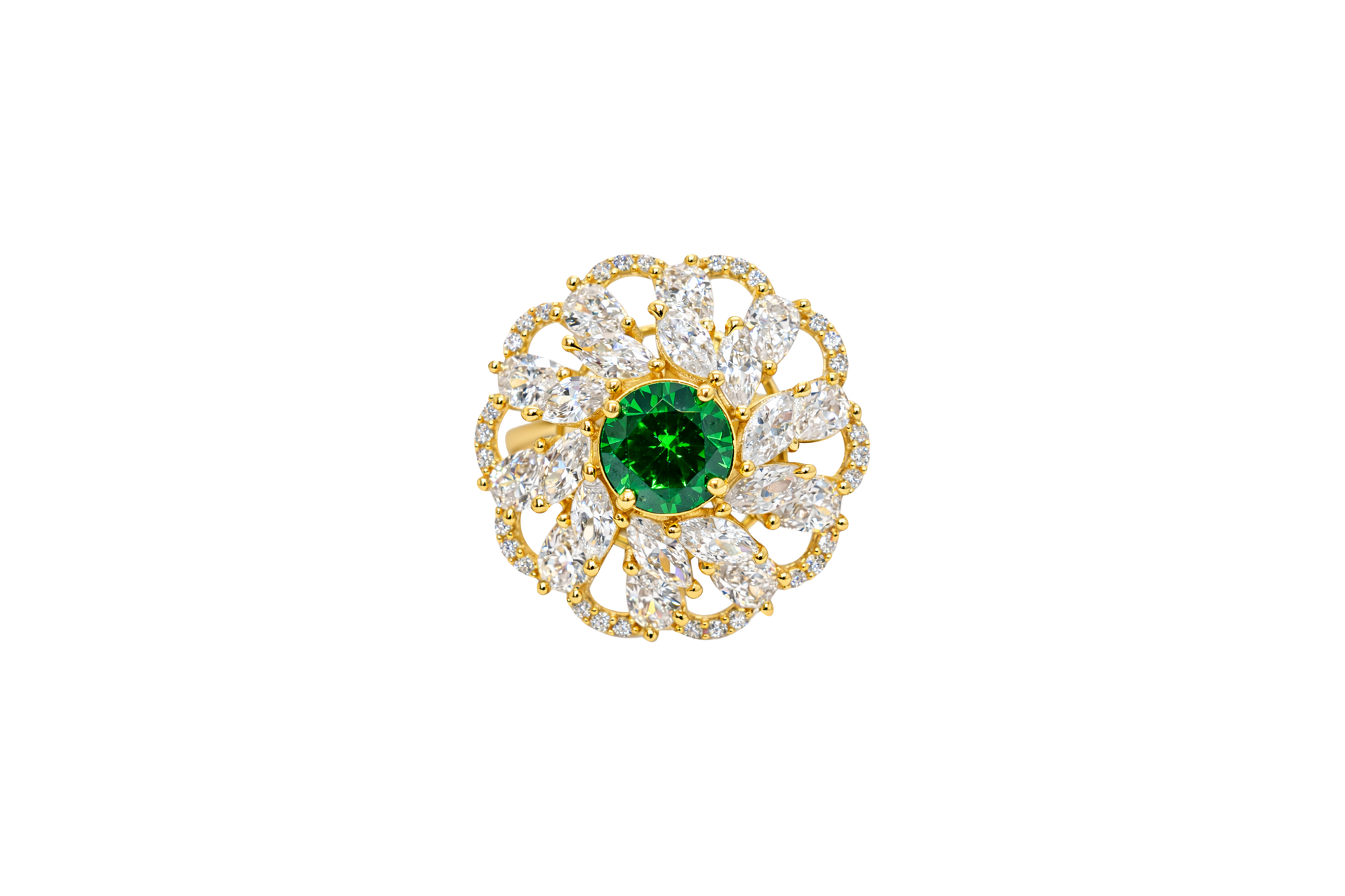 14KT Gold Ring Women's Flower Dark Green Round Center CZ Stone White Pear/Marquise Petals with Round White CZ Stones Border and Plain Split Band