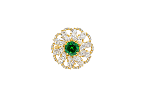 14KT Gold Ring Women's Flower Dark Green Round Center CZ Stone White Pear/Marquise Petals with Round White CZ Stones Border and Plain Split Band