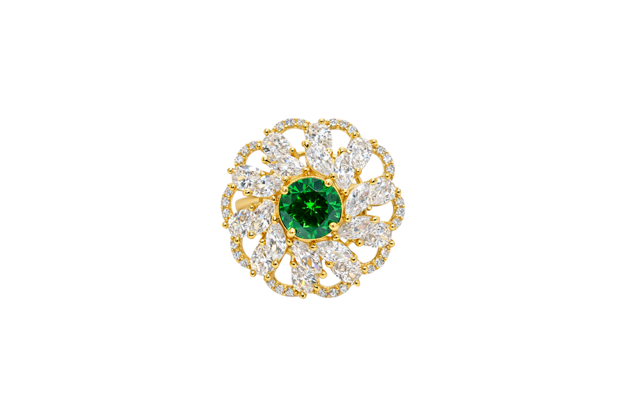 14KT Gold Ring Women's Flower Dark Green Round Center CZ Stone White Pear/Marquise Petals with Round White CZ Stones Border and Plain Split Band