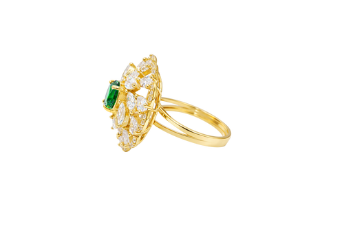 14KT Gold Ring Women's Flower Dark Green Round Center CZ Stone White Pear/Marquise Petals with Round White CZ Stones Border and Plain Split Band