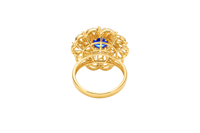 14KT Gold Ring Women's Flower Navy Blue Round Center CZ Stone White Pear/Marquise Petals with Round White CZ Stones Border and Plain Split Band