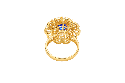 14KT Gold Ring Women's Flower Navy Blue Round Center CZ Stone White Pear/Marquise Petals with Round White CZ Stones Border and Plain Split Band