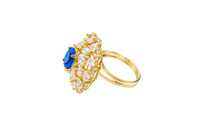 14KT Gold Ring Women's Flower Navy Blue Round Center CZ Stone White Pear/Marquise Petals with Round White CZ Stones Border and Plain Split Band