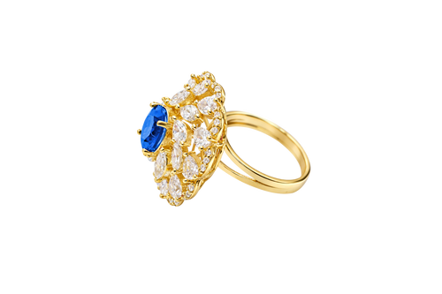 14KT Gold Ring Women's Flower Navy Blue Round Center CZ Stone White Pear/Marquise Petals with Round White CZ Stones Border and Plain Split Band