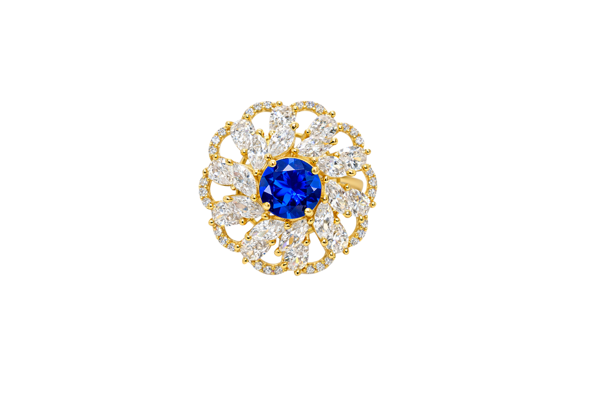 14KT Gold Ring Women's Flower Navy Blue Round Center CZ Stone White Pear/Marquise Petals with Round White CZ Stones Border and Plain Split Band
