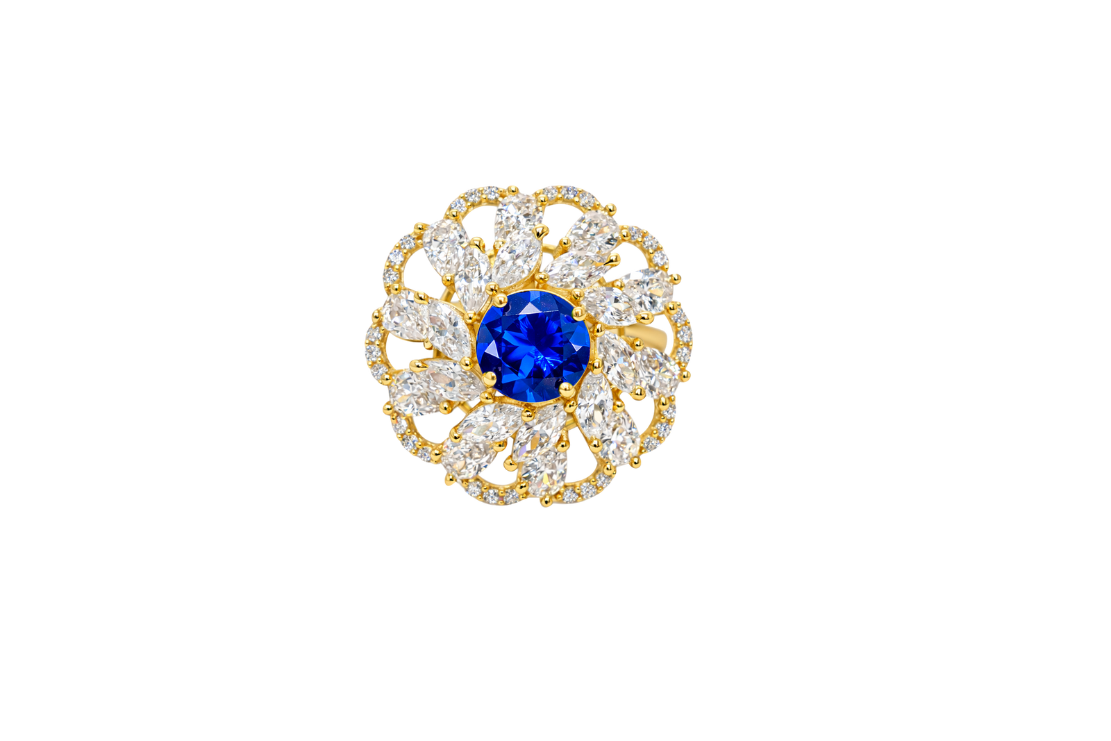 14KT Gold Ring Women's Flower Navy Blue Round Center CZ Stone White Pear/Marquise Petals with Round White CZ Stones Border and Plain Split Band