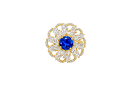 14KT Gold Ring Women's Flower Navy Blue Round Center CZ Stone White Pear/Marquise Petals with Round White CZ Stones Border and Plain Split Band